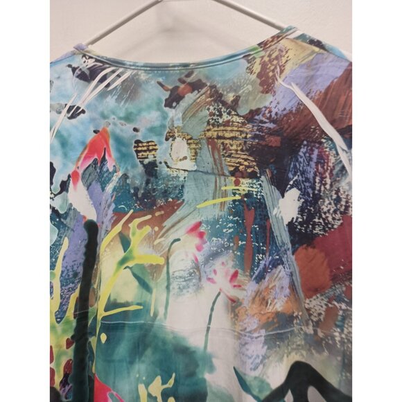 Cubism Womens Wearable Art Top Large Multi Floral Tiered Short Sleeve Abstract - Picture 6 of 6